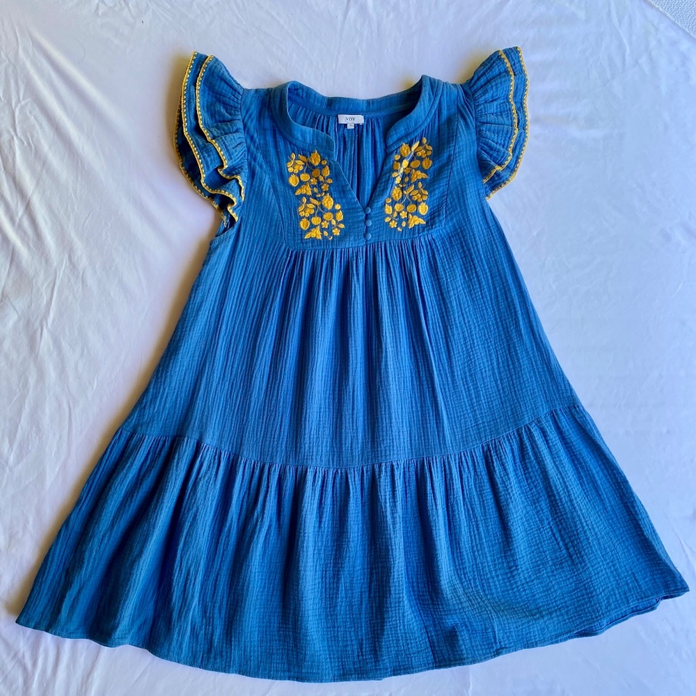 Voy Embroidered Cotton Gauze Babydoll Dress · Blue & Lemon Yellow · Women’s Med